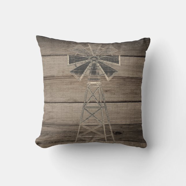 Rustic Weathered Wood Country Wind Mill Throw Pillow (Front)