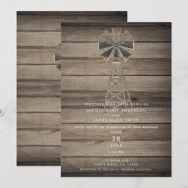 Rustic Weathered Wood Country Wind Mill Wedding Invitation (Front/Back)