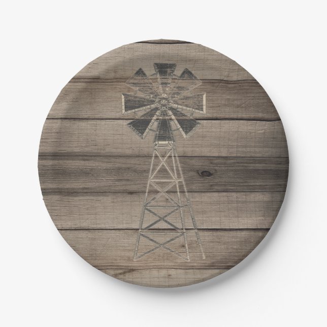 Rustic Weathered Wood Country Wind Mill Wedding Paper Plates (Front)