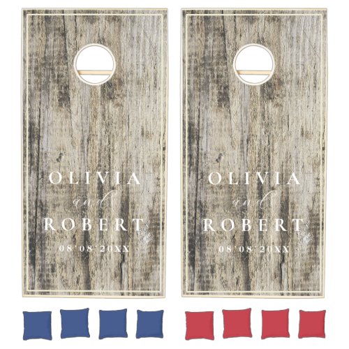 Rustic Weathered Wood Custom Couple Names Wedding Cornhole Set