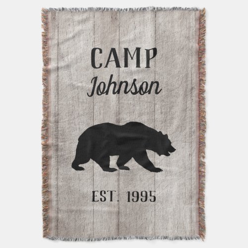 Rustic Weathered Wood Family Camp Black Bear Throw Blanket