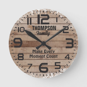 Rustic Weathered Wood Family Custom Quote Round Clock