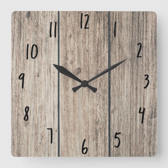 Rustic Weathered Wood Farmhouse Barn Country Square Wall Clock (Front)
