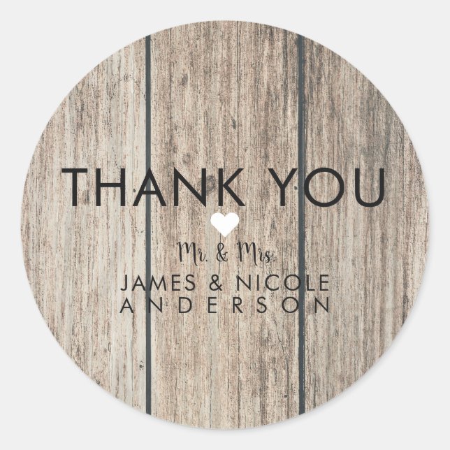Rustic Weathered Wood Farmhouse Barn Wedding Favor Classic Round Sticker (Front)