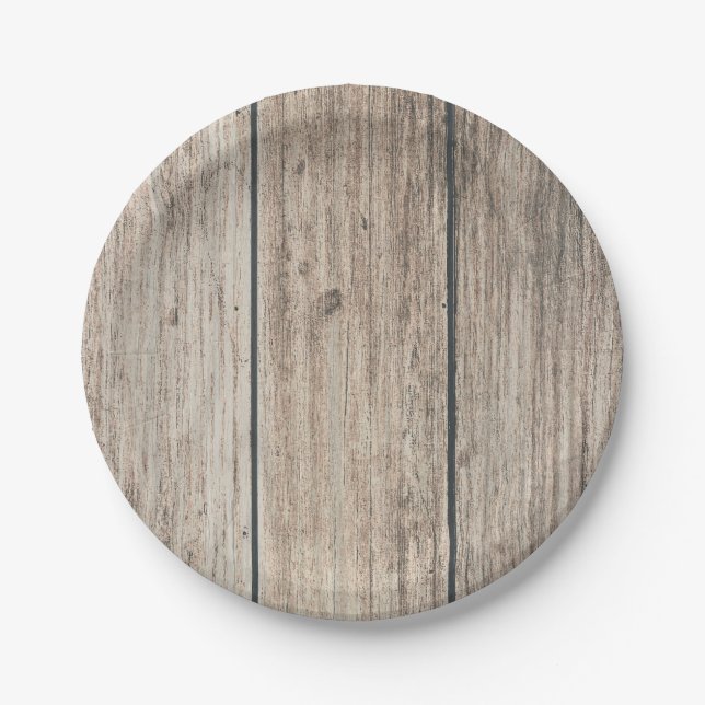 Rustic Weathered Wood Farmhouse Barn Wedding Paper Plates (Front)