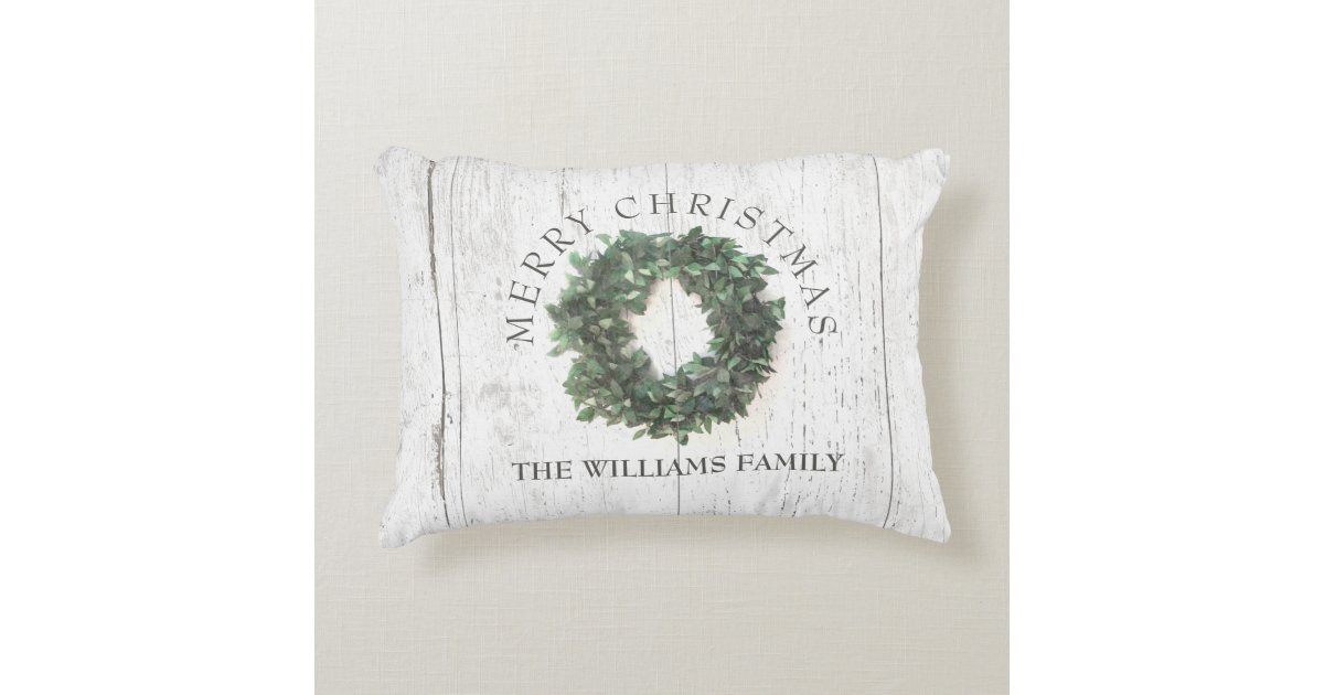Rustic Weathered Wood Laurel Wreath Monogrammed Accent Pillow