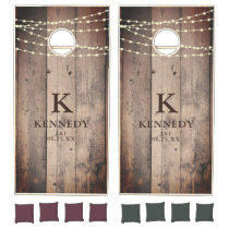 Rustic Weathered Wood Lights Monogram Family Name Cornhole Set