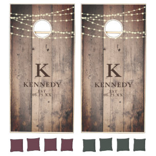 Rustic Weathered Wood Lights Monogram Family Name Cornhole Set