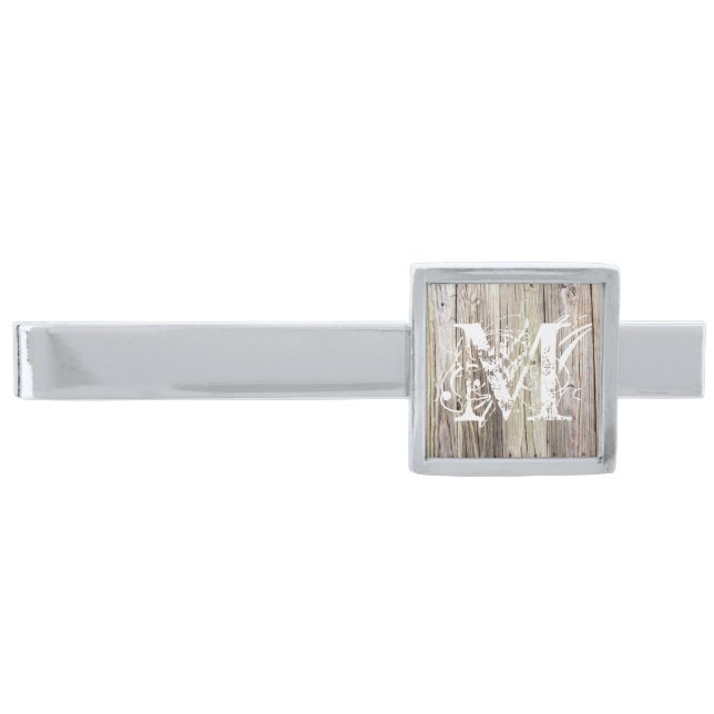 Rustic Weathered Wood Monogrammed Silver Finish Tie Bar (Front)