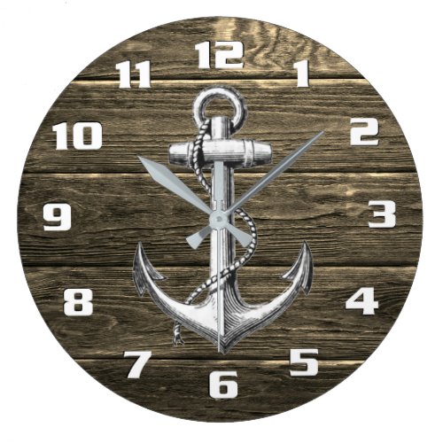 Rustic Weathered Wood Nautical Vintage Anchor Large Clock