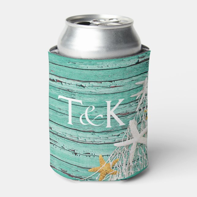 Rustic Weathered Wood Starfish Netting | aqua Can Cooler (Can Front)