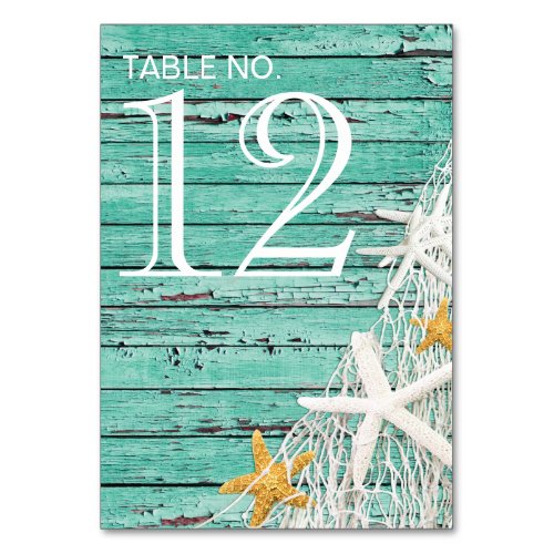 Rustic Weathered Wood Starfish Netting  aqua Table Number