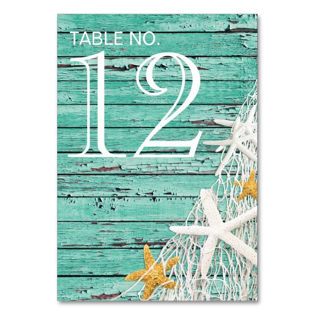 Rustic Weathered Wood Starfish Netting | aqua Table Number (Front)