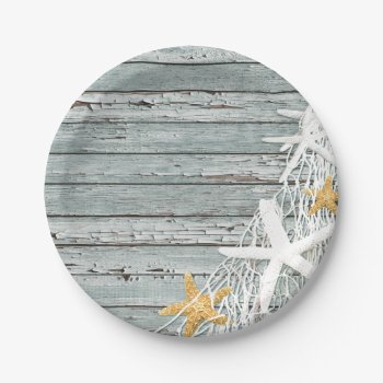 Rustic Weathered Wood Starfish Netting | Grey Paper Plates by glamprettyweddings at Zazzle
