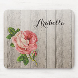 Rustic Weathered Wood Vintage Pink Rose With Name Mouse Pad
