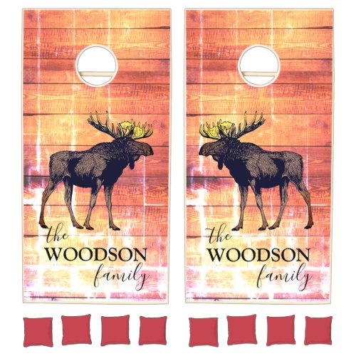 Rustic Weathered Wood Walking Moose Family Name Cornhole Set