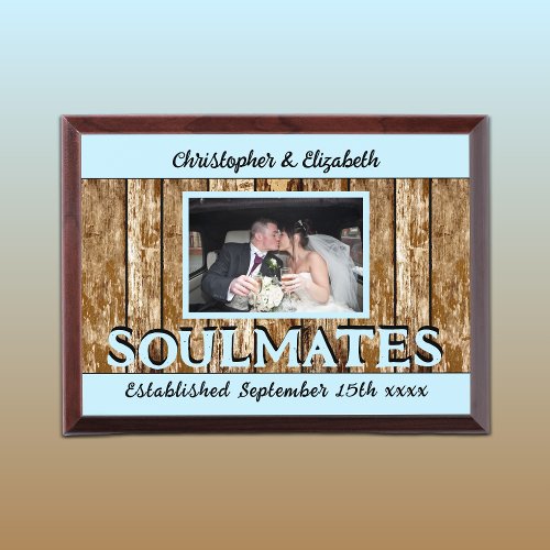 Rustic wedding add names est date blue brown award plaque