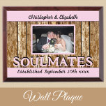 Rustic wedding add names est date pink brown award plaque<br><div class="desc">Rustic wedding gift idea / wall plaque.
*Wood graphic effect background.
Add names,  a photo and the established date.
Soulmates.
Pink and brown.
*the wood backing behind the photo is not real wood.</div>