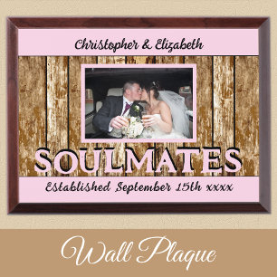 Rustic wedding add names est date pink brown award plaque
