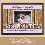Rustic wedding add names est date purple brown award plaque<br><div class="desc">Rustic wedding gift idea / wall plaque.
*Wood graphic effect background.
Add names,  a photo and the established date.
Soulmates.
Purple and brown.
*the wood backing behind the photo is not real wood.</div>