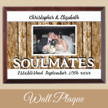 Rustic wedding add names est date white brown award plaque<br><div class="desc">Rustic wedding gift idea / wall plaque.
*Wood graphic effect background.
Add names,  a photo and the established date.
Soulmates.
Brown and white.
*the wood backing behind the photo is not real wood.</div>