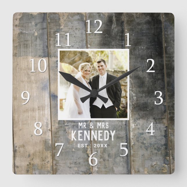 Rustic Wedding Anniversary Photo Stained Wood Square Wall Clock (Front)