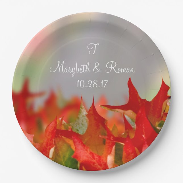 Rustic Wedding Autumn Leaves Name Monogram Fall Paper Plates (Front)