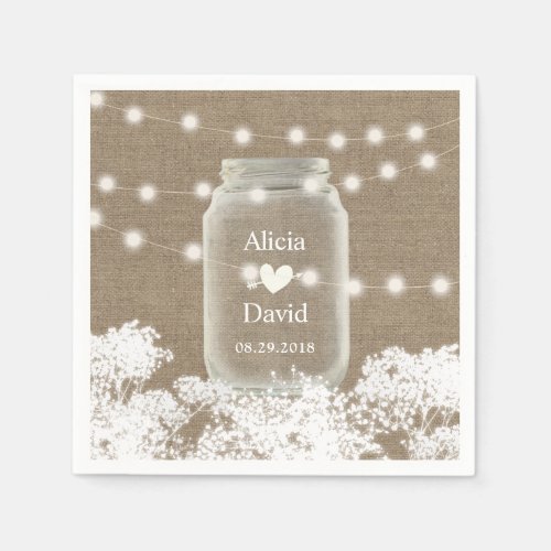 Rustic Wedding Babys Breath String Mason Jar Paper Napkins