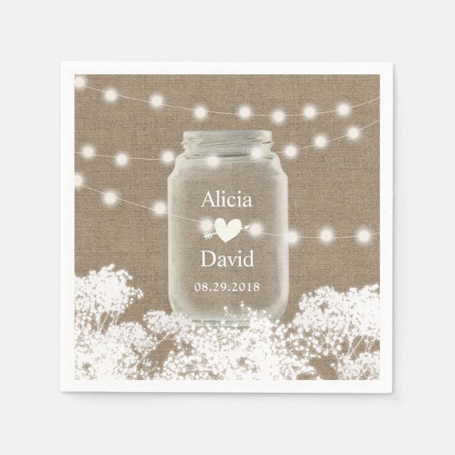 Rustic Wedding Baby's Breath String Mason Jar Paper Napkins (Front)