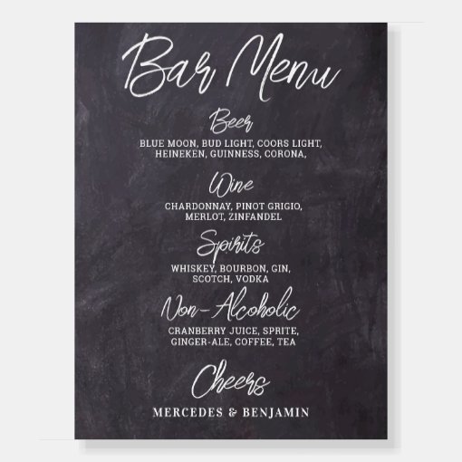 Rustic Wedding Bar Personalized Drink Menu Foam Board | Zazzle