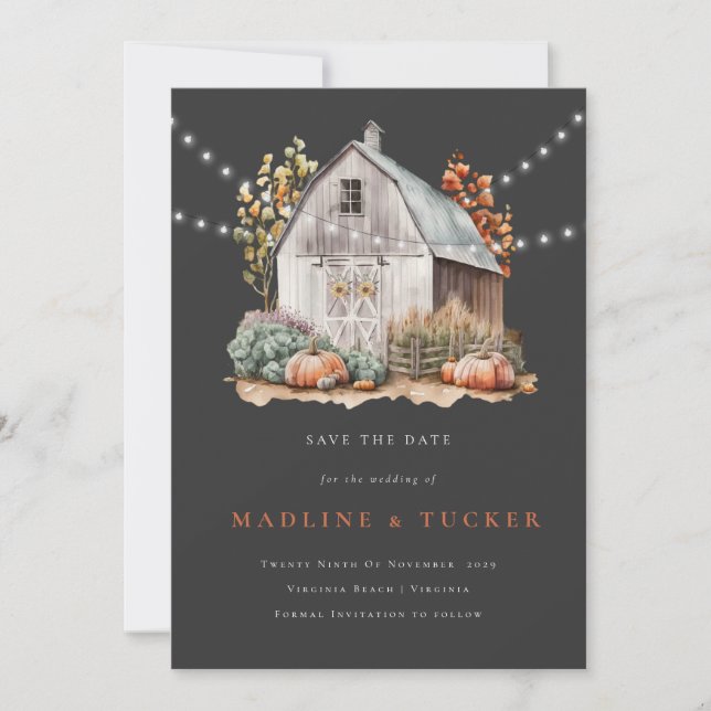 Rustic Wedding Barn  String Lights Save the Date  Invitation (Front)