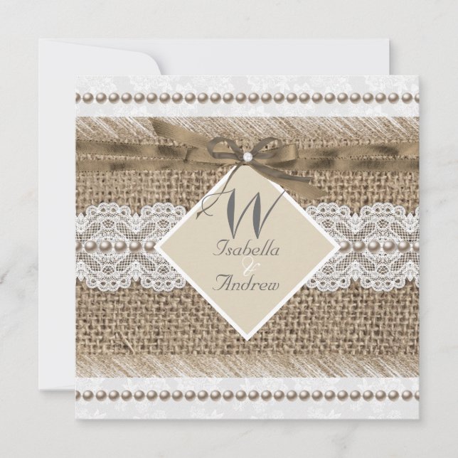 Rustic Wedding Beige lace Burlap Pearl White Invitation (Front)