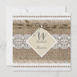 Rustic Wedding Beige lace Burlap Pearl White Invitation