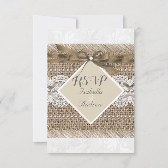 Rustic Wedding Beige lace Burlap Pearl White RSVP Invitation (Front)