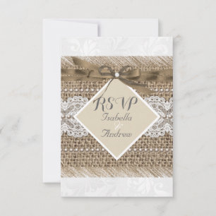 Rustic Wedding Beige lace Burlap Pearl White RSVP Invitation