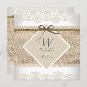 Rustic Wedding Beige lace Burlap White Invitation