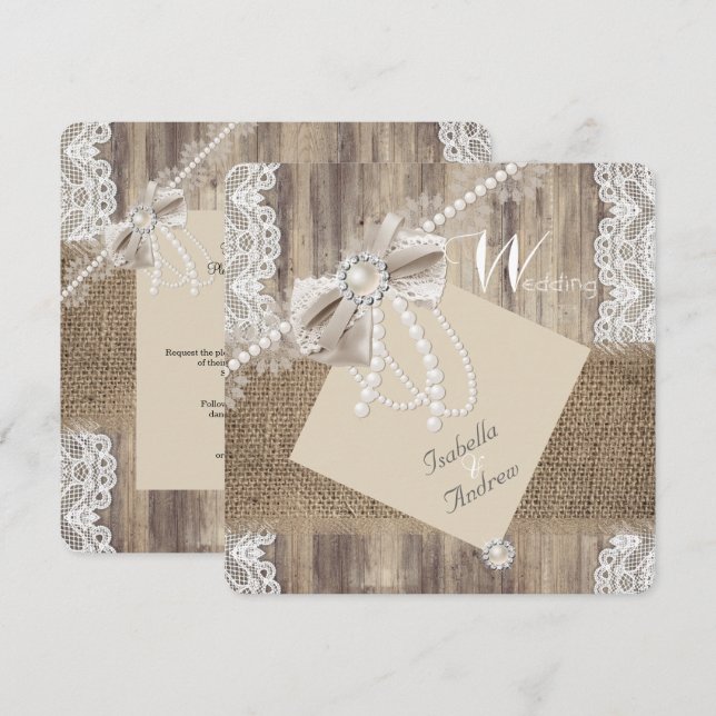 Rustic Wedding Beige Pearl Lace Wood Burlap 3 Invitation (Front/Back)