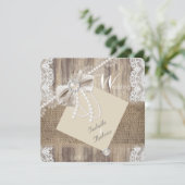 Rustic Wedding Beige Pearl Lace Wood Burlap 3 Invitation (Standing Front)