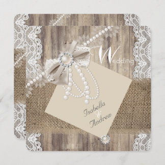 Rustic Wedding Beige Pearl Lace Wood Burlap 3 Invitation