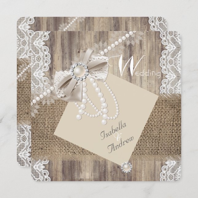 Rustic Wedding Beige Pearl Lace Wood Burlap 3 Invitation (Front/Back)