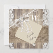 Rustic Wedding Beige Pearl Lace Wood Burlap 3 Invitation (Front)
