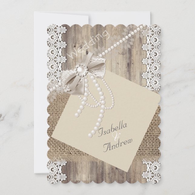 Rustic Wedding Beige Pearl Lace Wood Burlap 4 Invitation (Front)