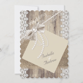 Rustic Wedding Beige Pearl Lace Wood Burlap 4 Invitation