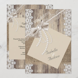 Rustic Wedding Beige Pearl Lace Wood Burlap 4 Invitation
