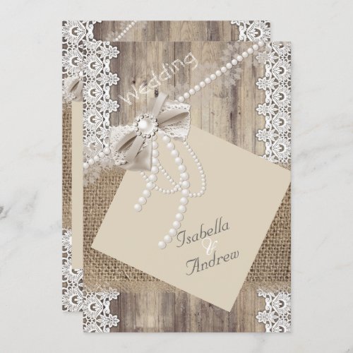 Rustic Wedding Beige Pearl Lace Wood Burlap 4 Invitation