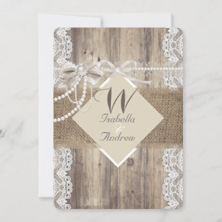 Rustic Wedding Beige Pearl Lace Wood Burlap Invitation