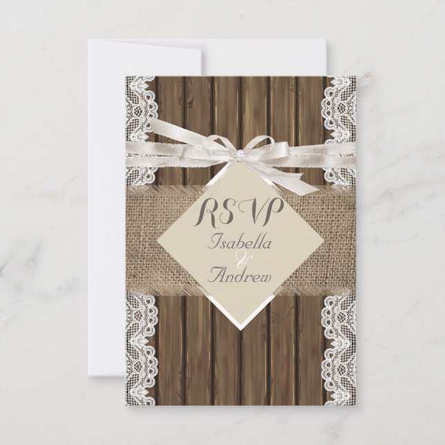 Rustic Wedding Beige RSVP Lace Wood Burlap 3 Card (Front)