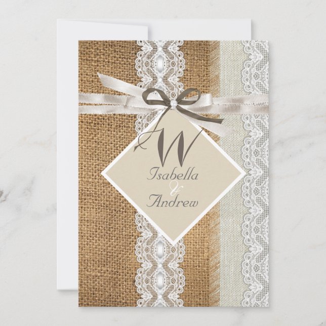 Rustic Wedding Beige White Lace Burlap Pearl 5 Invitation (Front)