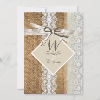 Rustic Wedding Beige White Lace Burlap Pearl 5 Invitation