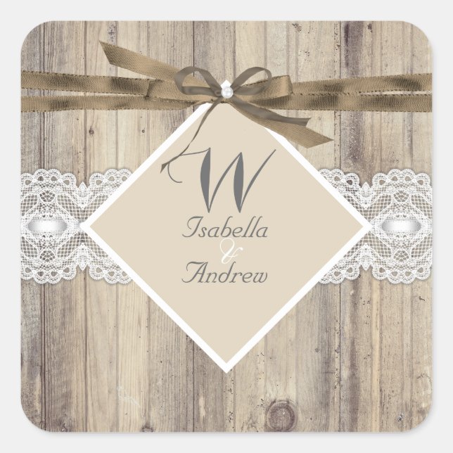 Rustic Wedding Beige White Lace Wood 2 Square Sticker (Front)
